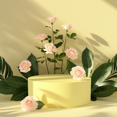 Podium mockup, product display, pastel yellow podium and rose flower background, light and shadow, 3D