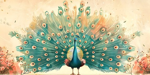 A Regal Peacock Displaying Its Splendid Feathers a Natural Spectacle of Beauty and Courtship - obrazy, fototapety, plakaty