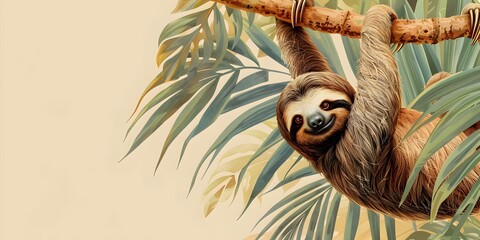 Fototapeta premium Sleepy Sloth Hanging Peacefully from Lush Forest Branch Endearing Wildlife Scene