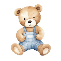 AI-generated watercolor cute Teddy bear sitting clip art illustration. Isolated elements on a white background.