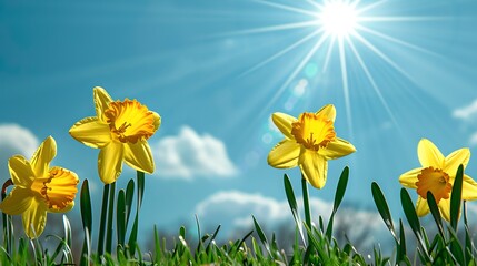 Bright yellow daffodils blooming under sunny blue sky. Springtime freshness in nature. Vivid colors and joyful mood. Ideal for seasonal themes. AI