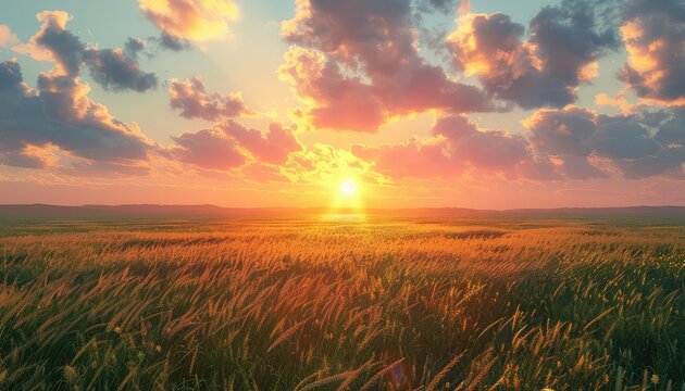 Prairie Sunset, Endless grasslands bathed in the warm glow of the setting sun, evoking feelings of freedom and tranquility