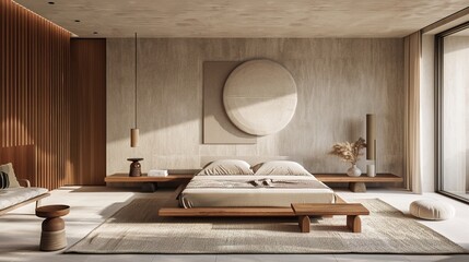a minimalist mid-century bedroom with a low-profile platform bed, accentuated by clean lines, neutral tones, and a statement wall featuring abstract artwork.