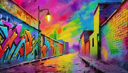 a colorful graffiti brick wall background, blending vibrant hues and dynamic patterns in an energetic display of street art - obrazy, fototapety, plakaty