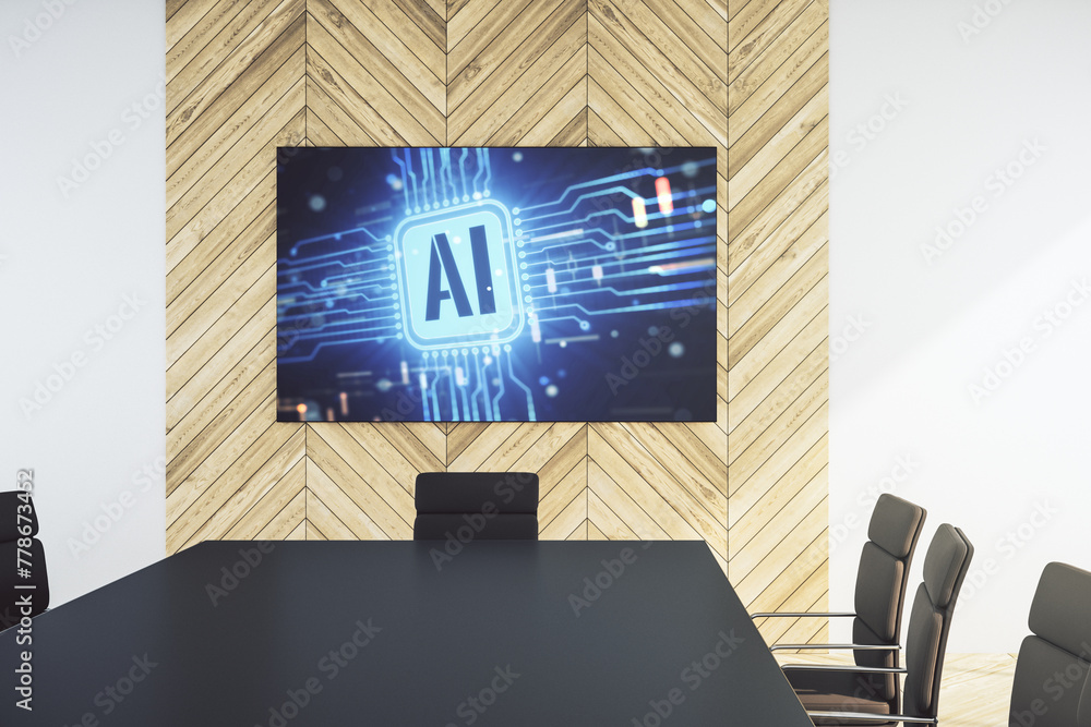 Fototapete creative artificial intelligence icon on presentation tv screen in a modern meeting room. neural net
