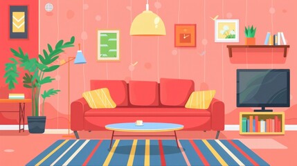 Cute Kawaii Living Room Illustration. A modern living space designed with adorable elements