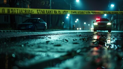 Crime scene with secure tape and police car in night,