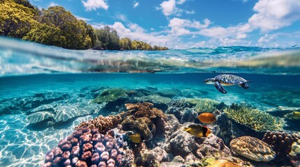 you can see the underwater world with a horizon line dividing the water surface and the sky. locations with incredible natural underwater world for snorkeling and diving for island tourists - obrazy, fototapety, plakaty