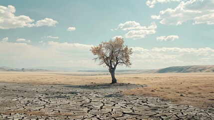 A lone tree stands resilient amid the cracked earth of a vast, barren desert under a cloudy sky.