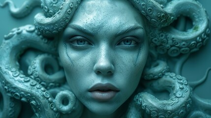 a close up of a woman with blue eyes and octopus tentacles on her head and her face is partially submerged in water.