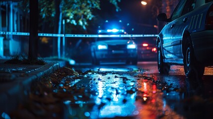 Crime scene with secure tape and police car in night, - obrazy, fototapety, plakaty
