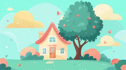 Fototapete Rund Cozy house with tree in kawaii style. © Postproduction