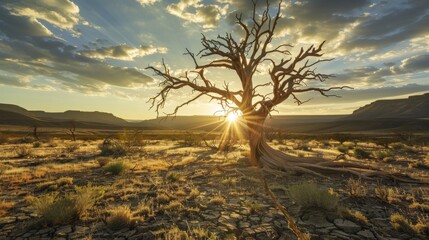 A radiant sunset bursts through the branches of a dead tree in a serene desert, highlighting the beauty of the desolate wilderness.