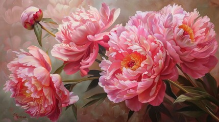 Oil painting of pink peonies, emphasizing lush petals and intricate details.