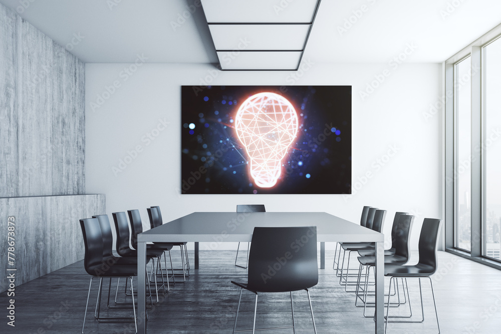 Poster creative light bulb illustration on tv display in a modern presentation room, future technology conc