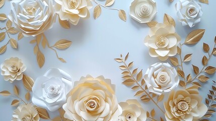 Romantic wedding background with paper flowers and golden leaves.