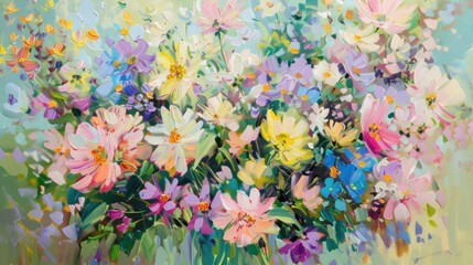 Vibrant garden filled with semi-abstract pastel-colored floral arrangements in oil paintings.