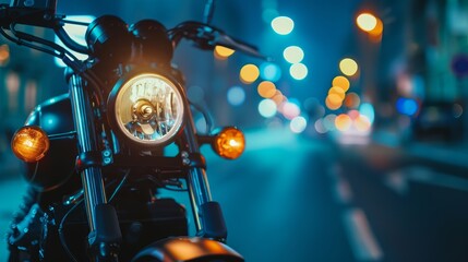 Motorbike with glowing headlamp in the night - obrazy, fototapety, plakaty