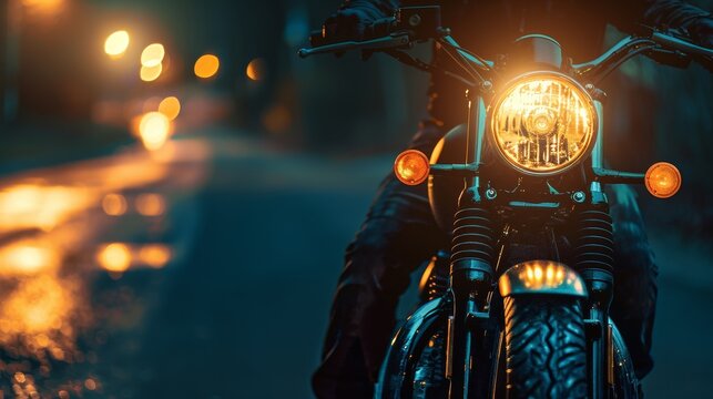 Motorbike with glowing headlamp in the night
