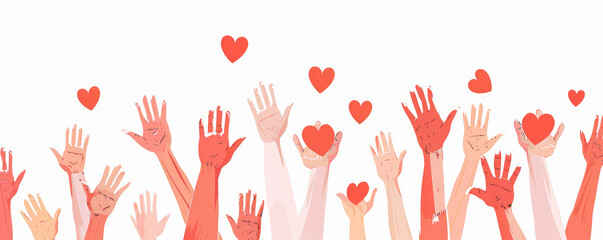 Many hands of different races holding red hearts above their heads.