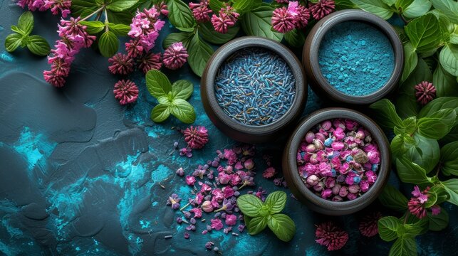 three bowls filled with blue and pink sprinkles next to green leaves and pink flowers on a blue background.