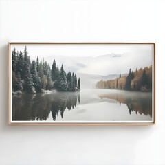 fog, lake, water, nature, river, landscape, winter, sky, tree, grass, sun, view, outdoors, reflection, autumn, calm,mockup