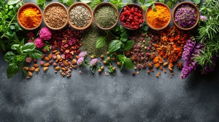 a table topped with bowls filled with different types of spices and herbs on top of a gray surface next to each other. - obrazy, fototapety, plakaty