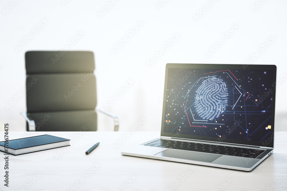 Poster abstract creative fingerprint illustration on modern laptop monitor, digital access concept. 3d rend