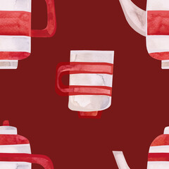Fototapeta na wymiar Watercolor seamless pattern with old-fashioned teapots and cups in red and white stripes. Pattern for seasonal wrapping paper, fabric, textiles, tablecloths and curtains in a tea cafe or coffee shop.