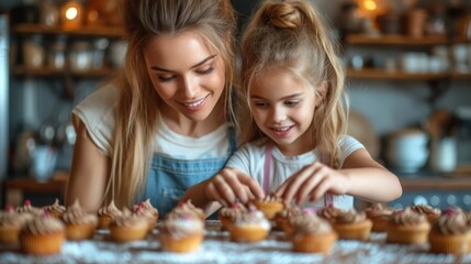 a mother and daughter decorating cupcakes with icing and sprinkles on a cookie sheet.