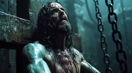 a man with blood all over his face and body sitting on a wooden cross in a chain - link area.
