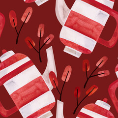 Watercolor seamless pattern with old-fashioned teapots and cups in red and white stripes. Pattern for seasonal wrapping paper, fabric, textiles, tablecloths and curtains in a tea cafe or coffee shop.
