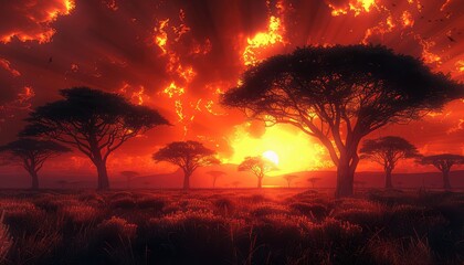 Savannah Sunset, Silhouetted acacia trees against a fiery sky as the sun sets over the African savannah, capturing the iconic beauty of the wilderness