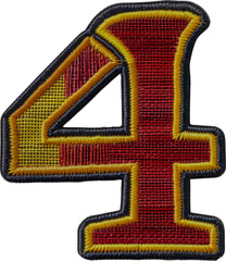 Embroidery patch of number '4' cut out on transparent background