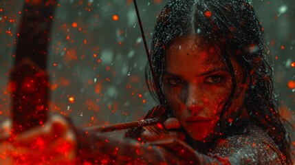 a woman holding a bow and arrow in the rain with a red light shining on her face and behind her. - obrazy, fototapety, plakaty