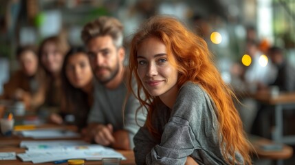 a group of people sitting at a table in front of a table with papers and pens in front of them.