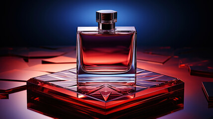 Minimalistic image of a red perfume bottle in the center with studio lighting. Luxurious background. Generative AI