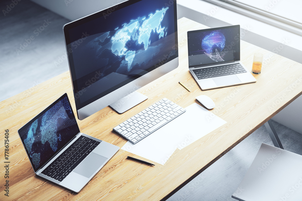 Poster abstract creative digital world map on modern laptop monitor, tourism and traveling concept. 3d rend