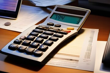 An accountant at a tidy desk in an office, focused on calculations, using a calculator to generate accurate results.