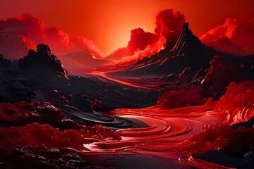 A vibrant red landscape adorned with black rocks and water, resembling swirling molten lava in an abstract composition.