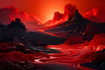Foto op Canvas A vibrant red landscape adorned with black rocks and water, resembling swirling molten lava in an abstract composition. © Azra