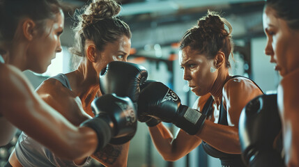 four young women engaged in a boxing session, training and practicing their boxing skills in a gym Young woman.