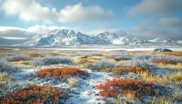 Arctic Tundra, Barren expanses of frozen tundra with patches of colorful tundra flora, illustrating the harsh yet beautiful Arctic ecosystem