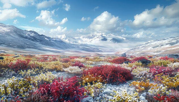 Arctic Tundra, Barren expanses of frozen tundra with patches of colorful tundra flora, illustrating the harsh yet beautiful Arctic ecosystem