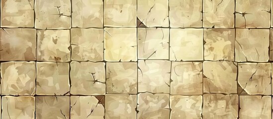 A close up of a wall made of brown rectangular wood composite tiles creating a symmetrical pattern with parallel lines. The flooring material is beige and the building material is composite