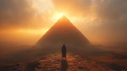 a person standing in front of a large pyramid in the middle of a desert with the sun shining through the clouds. - obrazy, fototapety, plakaty