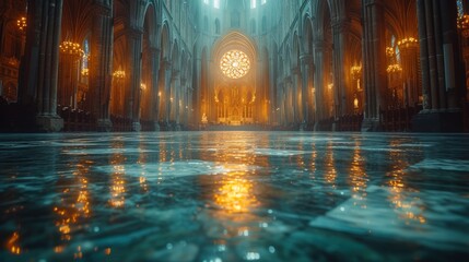 a large cathedral with a clock in the middle of it's walls and water in the middle of the floor.
