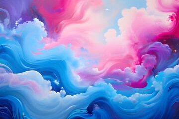 Abstract composition with swirling blue and pink ribbons merging in a gradient. - obrazy, fototapety, plakaty