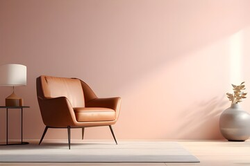 A minimalist setup with a chair and table against a soft pastel pink wall.