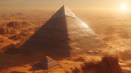 an artist's rendering of a pyramid in the middle of a desert with a sun setting in the background.